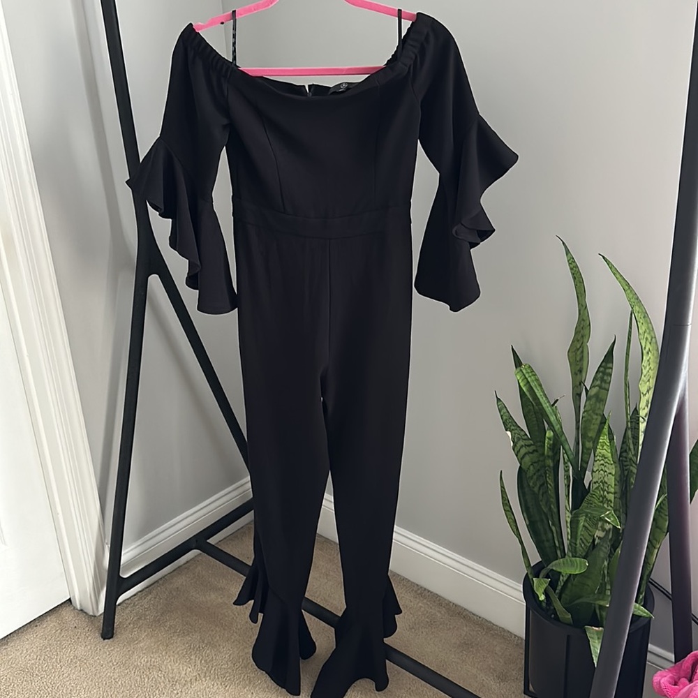 Missguided Black Off Shoulder Bardot Frill Sleeve Leg Jumpsuit Size 2